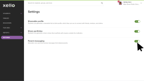 Educator account in Xello. The Settings page is open. The cursor is clicking Yes next to Parent messaging